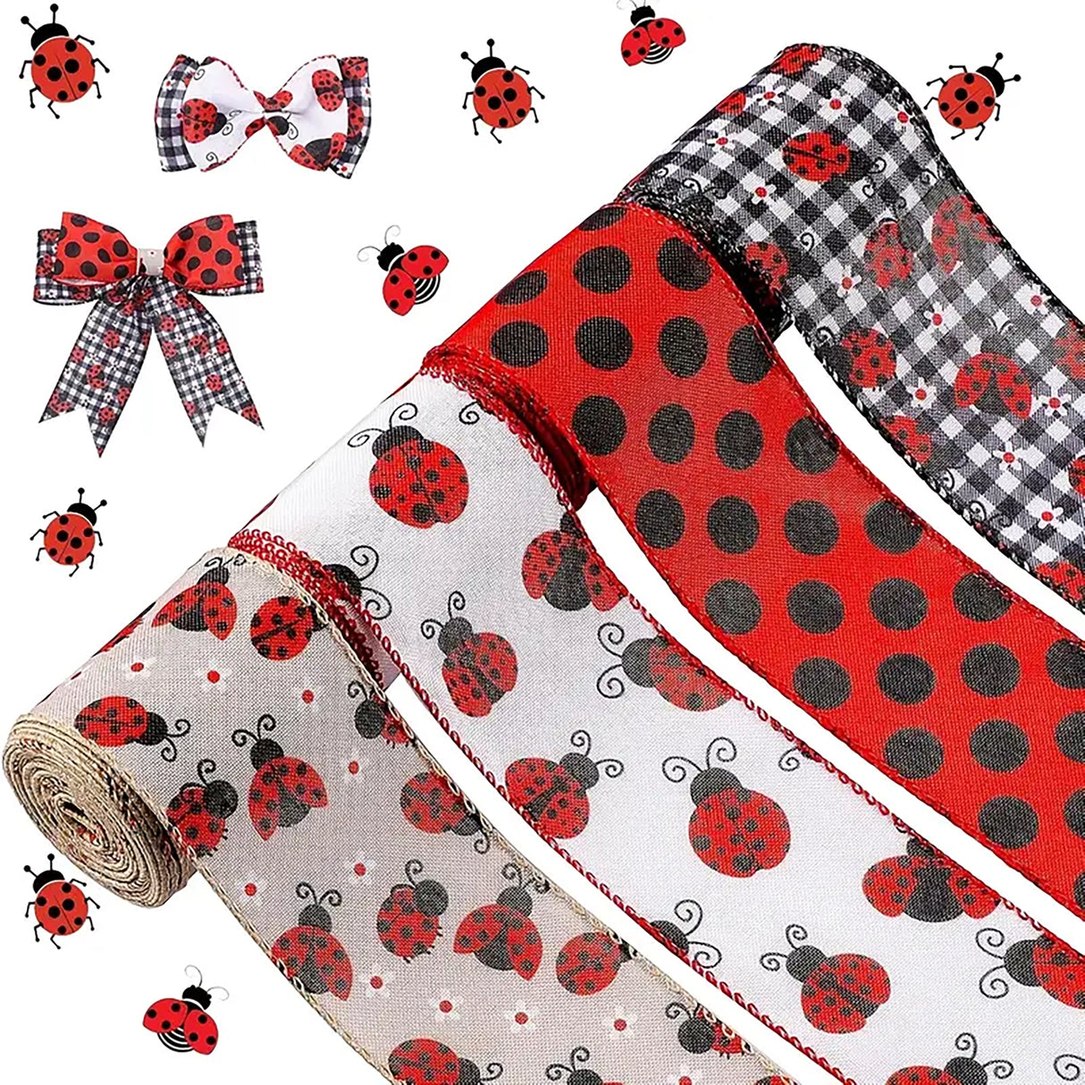 4 Rolls Ladybug - Themed Wired Ribbon