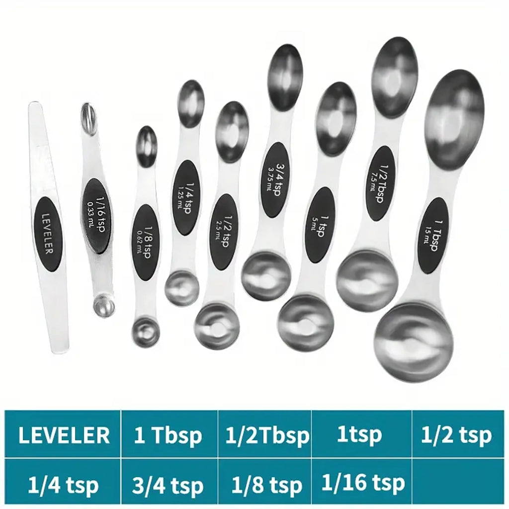 Magnetic Measuring Spoons Set of 9 - Dual Sided Stainless Steel