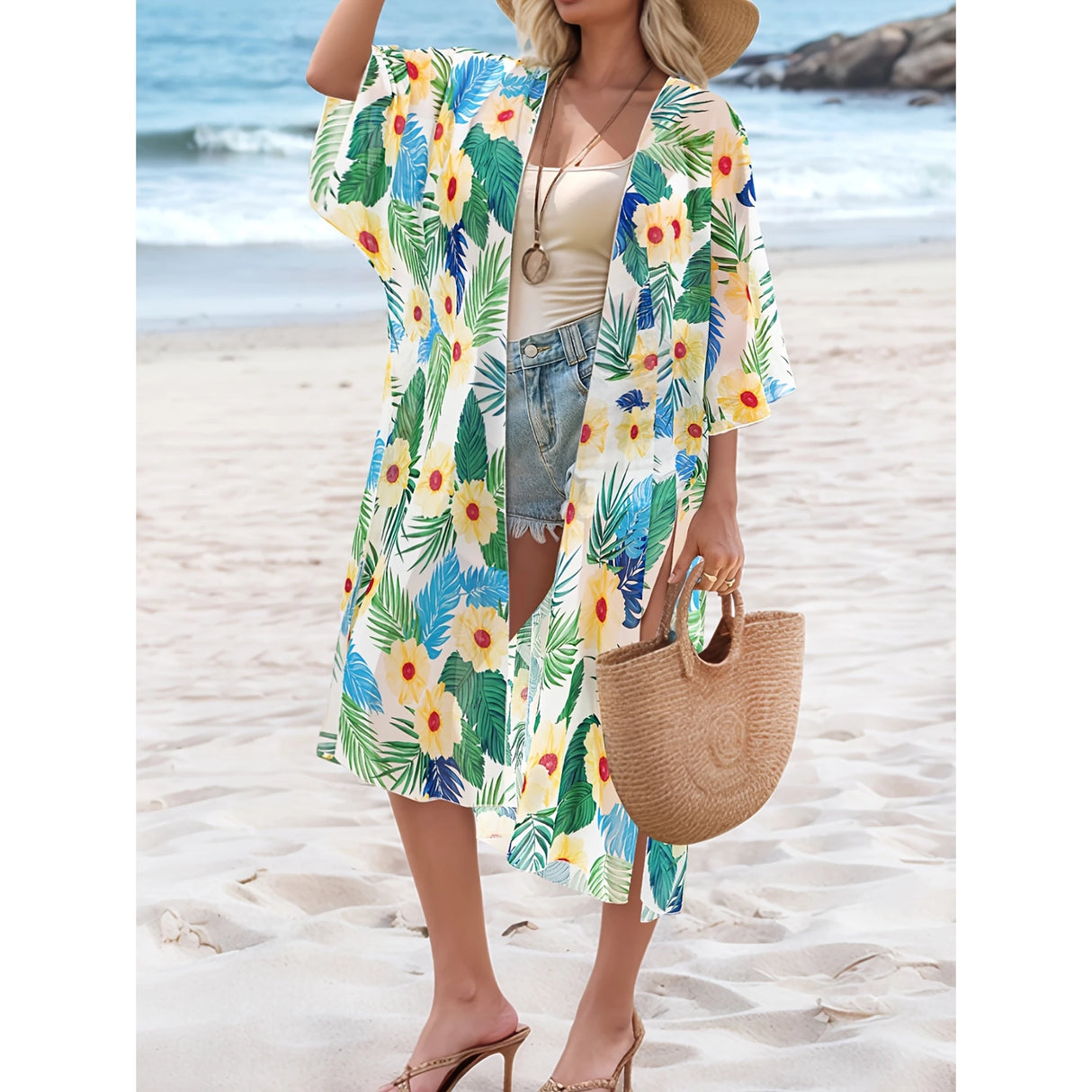Tropical Bloom – Floral Long Kimono Cover-Up