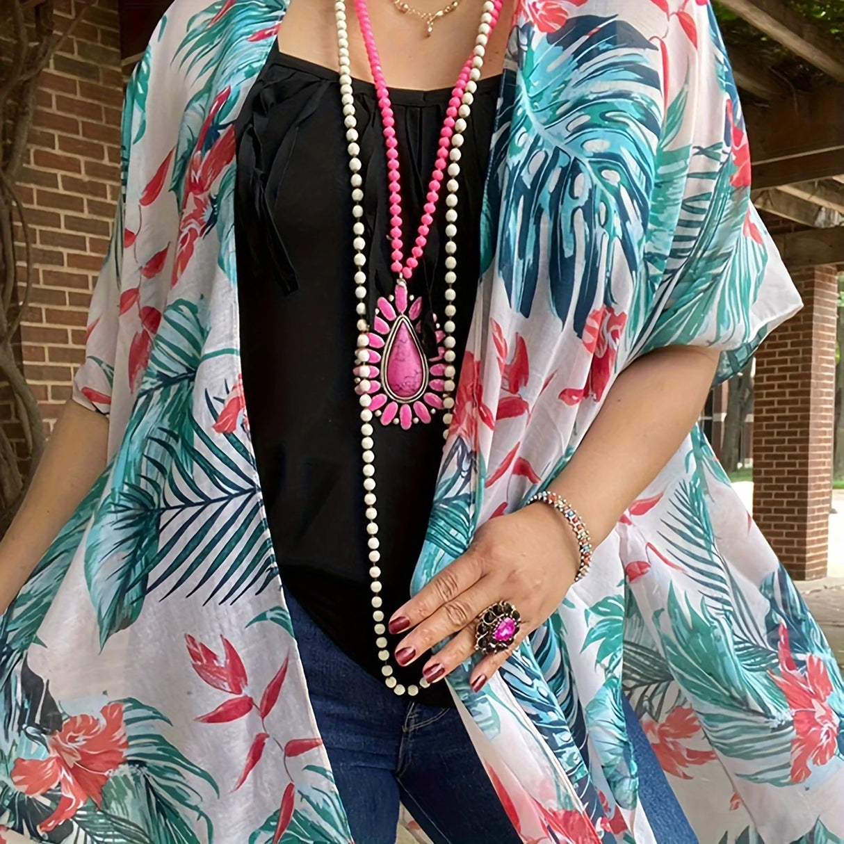 Multi-Color Palm Leaf Kimono