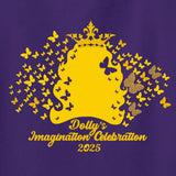 Purple t-shirt with yellow graphic and text on a white background