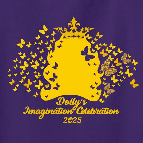 Purple t-shirt with yellow graphic and text on a white background